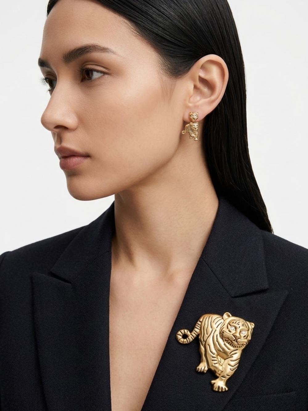 Gold Tiger Brooch and Drop Earrings Set - Elegant Women's Jewelry